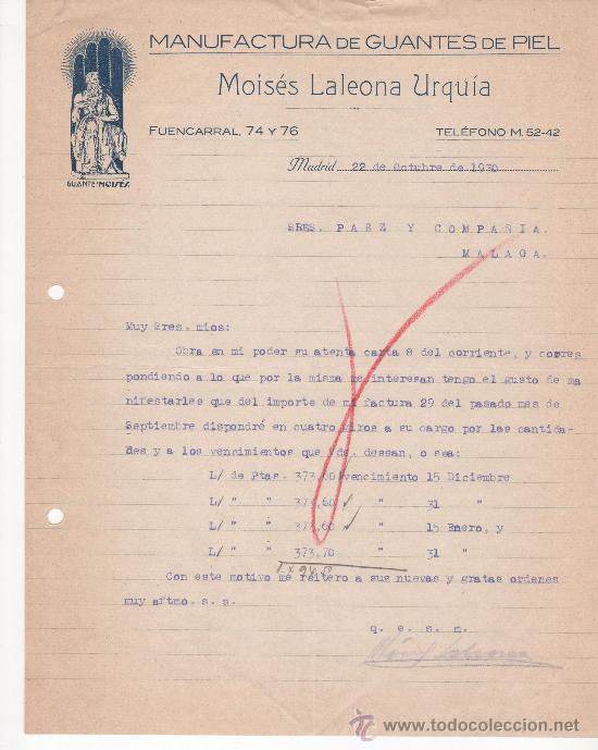 Commercial Letters: Madrid, a&ntilde;o 1930. Mois&eacute;s Laleona Urqu&iacute;a, manufactura de guantes de piel. C/ Fuencarral, 74-76