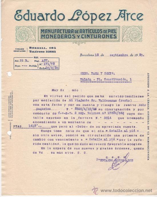 Cartas comerciales: Barcelona, a&ntilde;o 1930. Eduerdo L&oacute;pez Arce, fabrica de monederos y cinturones