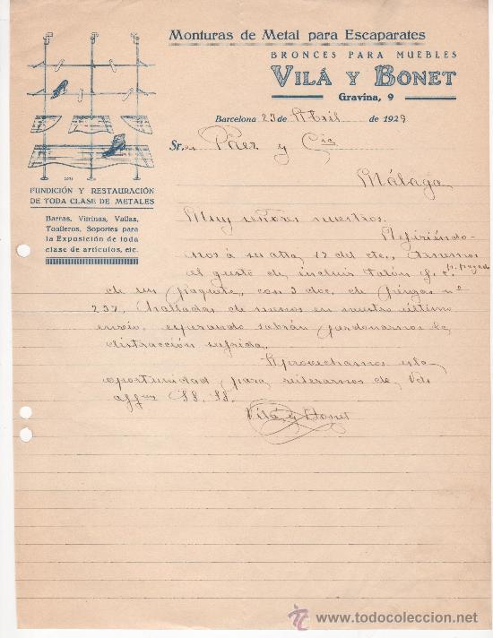 Commercial Letters: Barcelona, a&ntilde;o 1929. Vil&aacute; y Bonet. Monturas de metal para escaparates.Soportes para exposici&oacute;n