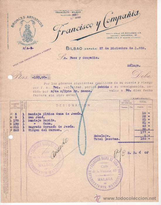 Commercial Letters: Bilbao, a&ntilde;o 1928. Francisco y Compa&ntilde;&iacute;a, bronces art&iacute;sticos. Bonito tamp&oacute;n representante de M&aacute;laga