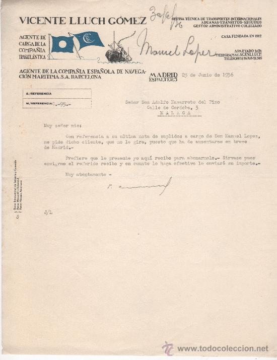 Commercial Letters: Madrid, 1936.C/ Espalter 3. Vicente Lluch G&oacute;mez, agente de carga de la Compa&ntilde;&iacute;a Trasatl&aacute;ntica