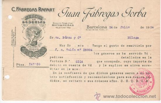 Commercial Letters: Barcelona, a&ntilde;o 1924. Juan F&aacute;bregas Jorba, f&aacute;brica de seder&iacute;as. Con tamp&oacute;n de la empresa.