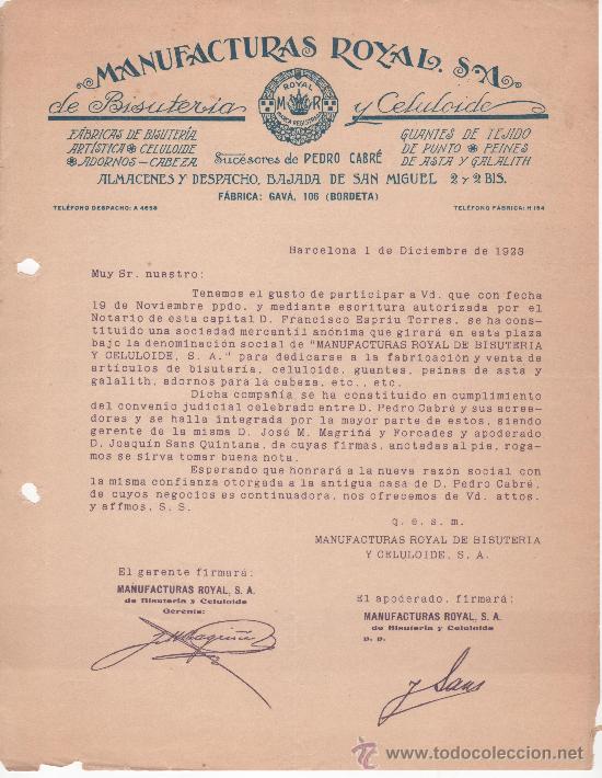 Commercial Letters: Barcelona, a&ntilde;o1928. Maunufacturas Royal, S.A., bisuter&iacute;a y celuloide. Peines de asta y galalith.