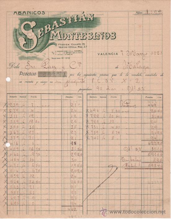 Commercial Letters: Carta comercial. Valencia a&ntilde;o 1921. Sebasti&aacute;n Montesinos. F&aacute;brica de abanicos
