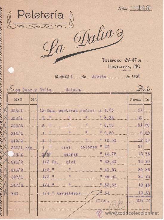 Commercial Letters: Carta comercial. Madrid a&ntilde;o 1921. Peleter&iacute;a La Dalia, C/ Hortaleza, 140