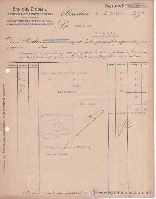 Commercial Letters: Carta comercial. Barcelona a&ntilde;o 1921. Enrique Diog&egrave;ne. G&eacute;neros de punto, guantes y corbatas