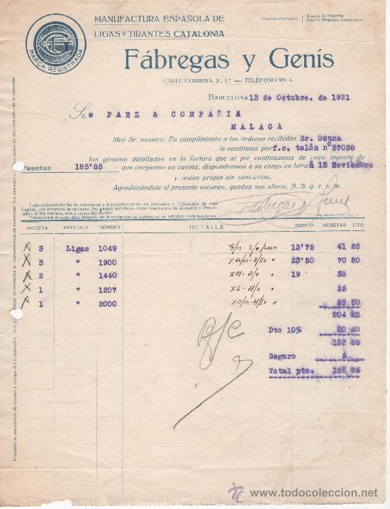 Commercial Letters: Carta comercial. Barcelona a&ntilde;o 1921. F&aacute;bregas y Gen&iacute;s. Ligas y tirantes marca Catalonia