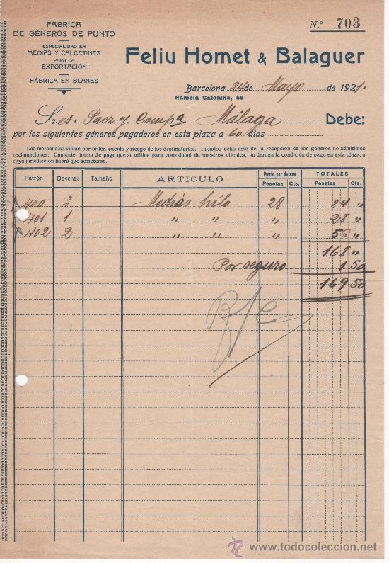 Commercial Letters: Carta comercial. Barcelona a&ntilde;o 1921. Feliu Homet & Balaguer. F&aacute;brica  medias y calcetines
