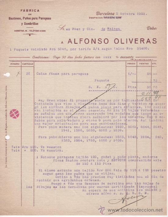 Commercial Letters: Carta comercial. Barcelona a&ntilde;o 1921. Alfonso Oliveras. Bastones, pu&ntilde;os para paraguas y sombrillas