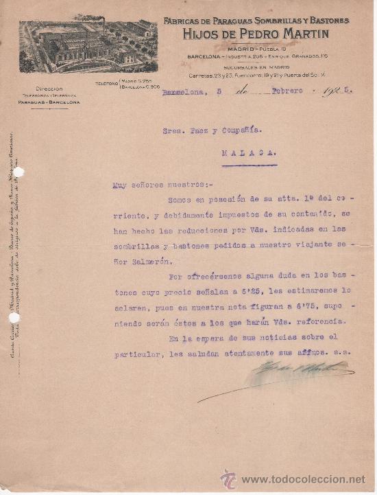 Commercial Letters: Carta comercial. Barcelona 1925. Hijos de Pedro Mart&iacute;n. Paraguas, sombrillas y bastones.