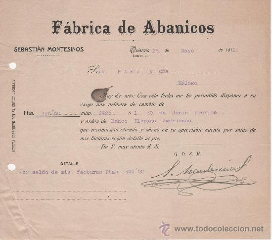 Commercial Letters: Carta comercial. Valencia a&ntilde;o 1922. Sebasti&aacute;n Montesinos. F&aacute;brica de abanicos. Firma manuscrita