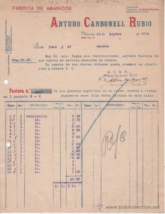 Commercial Letters: Carta comercial. Valencia a&ntilde;o 1924. Arturo Carbonell Rubio. F&aacute;brica de abanicos