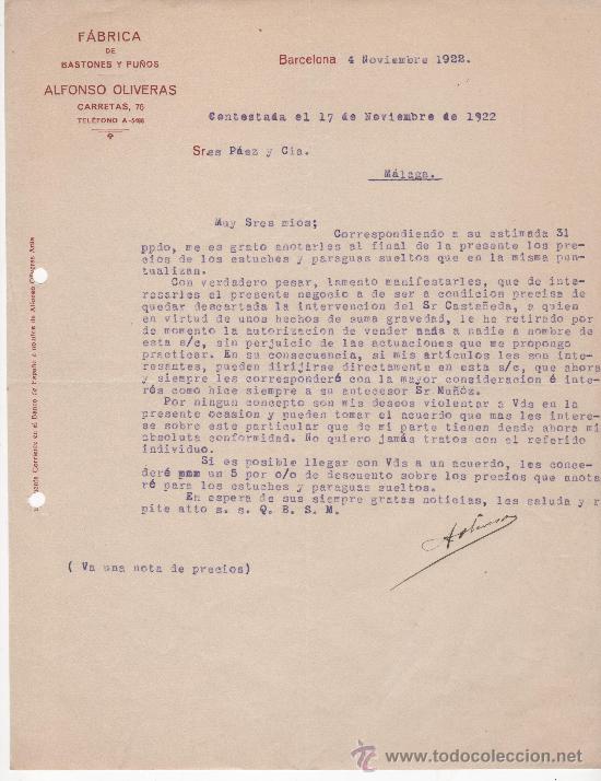 Commercial Letters: Carta comercial. Barcelona a&ntilde;o 1922. Alfonso Olivera. F&aacute;brica bastones y pu&ntilde;os. Firma manuscrita