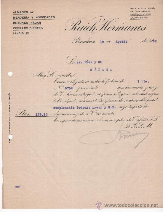 Commercial Letters: Carta comercial. Barcelona 1922. Raich Hermanos. Mercer&iacute;a, botones n&aacute;car y cepillos dientes
