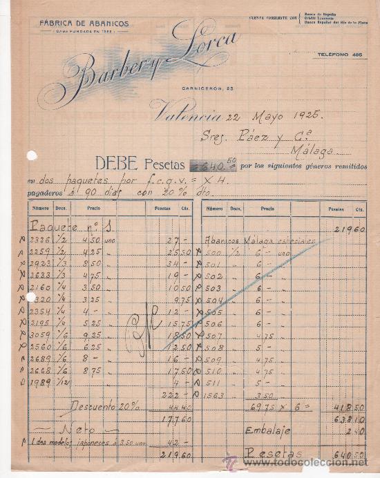 Commercial Letters: Carta comercial. Valencia a&ntilde;o 1925. Barber y Lorca. F&aacute;brica de abanicos
