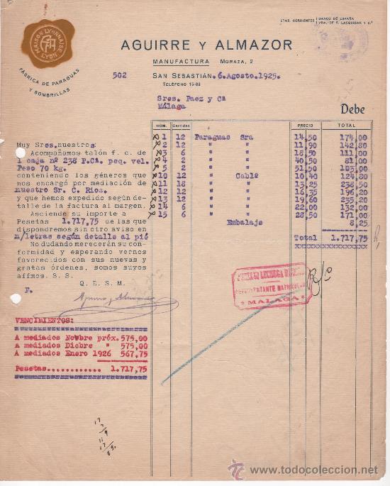 Commercial Letters: Carta comercial. San Sebasti&aacute;n a&ntilde;o 1925. Aguirre y Almazor. F&aacute;brica de paraguas y sombrillas