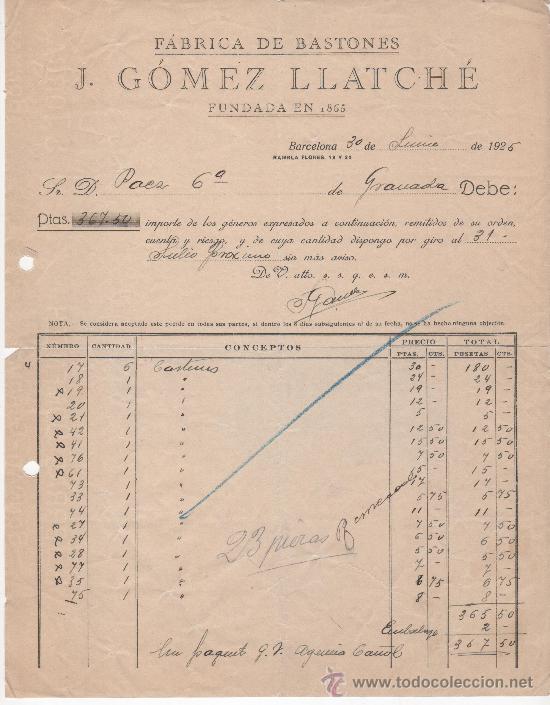 Commercial Letters: Carta comercial. Barcelona 1925. J. G&oacute;mez Llatch&eacute;. F&aacute;brica de bastones. Firma manuscrita