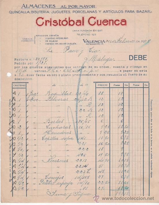 Commercial Letters: Carta comercial. Valencia a&ntilde;o 1925. Crist&oacute;bal Cuenca. Quincalla, bisuter&iacute;a, jugutes, bazar