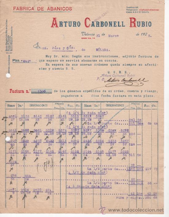Commercial Letters: Carta comercial. Valencia a&ntilde;o 1925. Arturo Carbonell Rubio. F&aacute;brica abanicos. Firma manuscrita