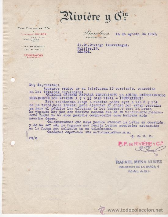 Commercial Letters: Carta comercial. Barcelona a&ntilde;o 1930. Rivi&egrave;re y C&iacute;a. Fundada en 1854