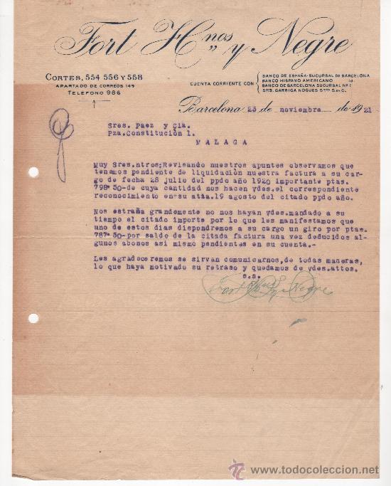 Commercial Letters: Carta comercial. Barcelona a&ntilde;o 1921. Fort Hnos y Negre