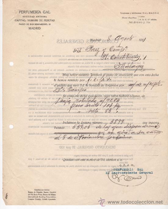 Commercial Letters: Carta comercial. Madrid a&ntilde;o 1921. Perfumer&iacute;a Gal. Hoja env&iacute;o pedido y condiciones generales