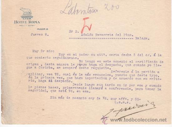 Commercial Letters: Carta comercial. Madrid a&ntilde;os 20. Carta del Hotel Roma (Yotti y C&iacute;a)