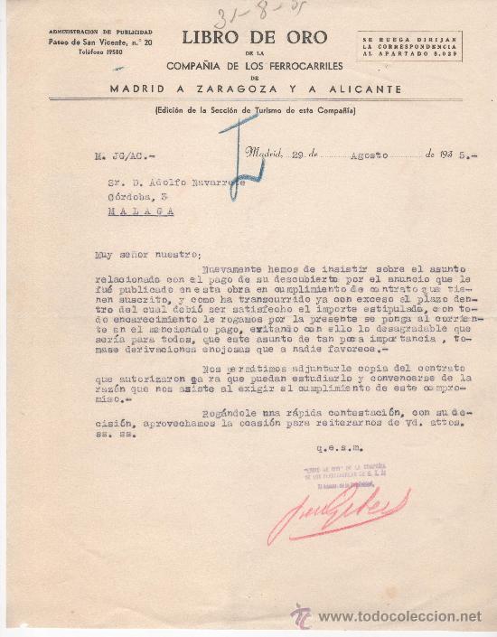 Commercial Letters: Carta comercial, Madrid 1935, Libro de Oro de la Compa&ntilde;&iacute;a de los Ferrocarriles M Z A .
