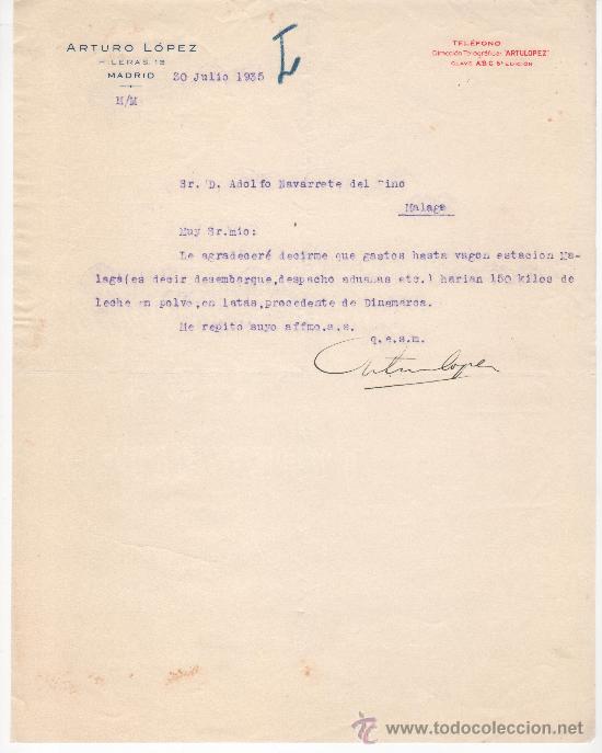 Commercial Letters: Carta comercial, Madrid, 1935, de Arturo L&oacute;pez solicitando precio de leche en polvo desde Dinamarca.