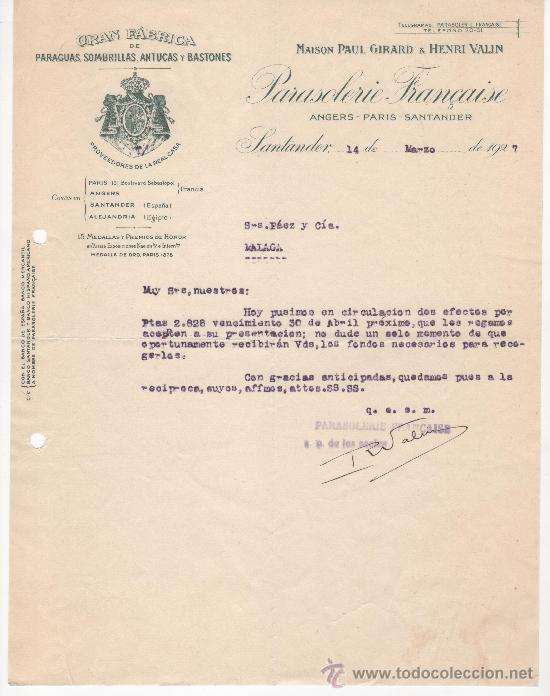 Commercial Letters: Carta comercial, Santander a&ntilde;o 1927, Parasolerie Fran&ccedil;aise, Maison Paul Giraud & Henri Valin