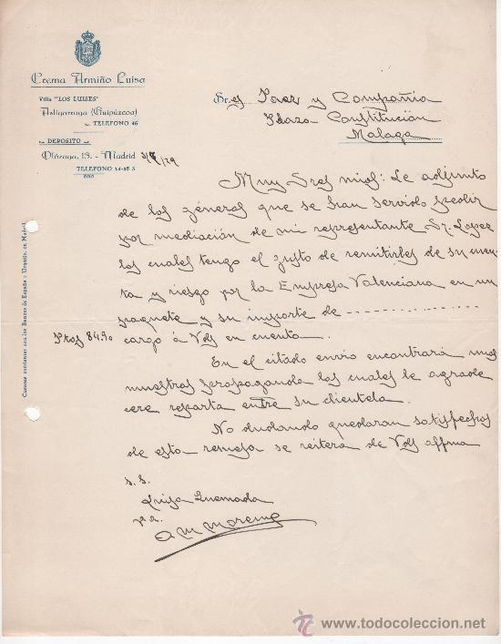 Commercial Letters: Carta comercial. Asligarraga - Guip&uacute;zcoa a&ntilde;o 1929. Crema Armi&ntilde;o Luisa, villa Los Luises.