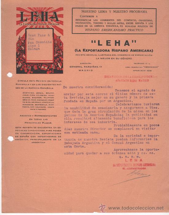 Commercial Letters: Carta comercial, Madrid a&ntilde;os 20. Presentaci&oacute;n de la revista de exportaciones LEHA en Espa&ntilde;a.