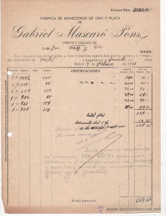 Cartas comerciales: Carta comercial, Mah&oacute;n a&ntilde;o 1921. Gabriel Mascar&oacute; Pons, f&aacute;brica de monederos de oro y plata.