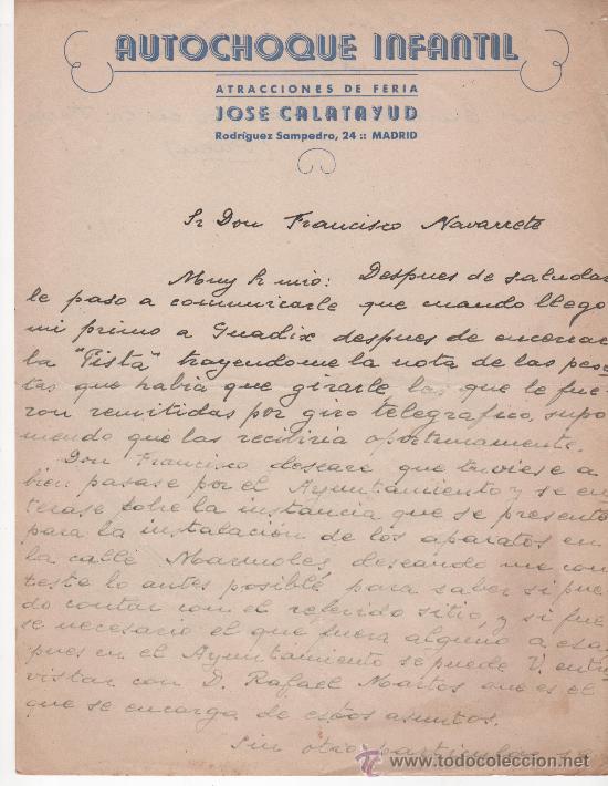 Commercial Letters: Carta comercial, Madrid a&ntilde;os 20, Jos&eacute; Calatayud, atracciones de feria, autochoque infantil.