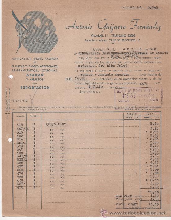 Commercial Letters: Carta comercial, Madrid a&ntilde;o 1942. Antonio Guijarro Fern&aacute;ndez, Floresson,f&aacute;brica flores artificiales.