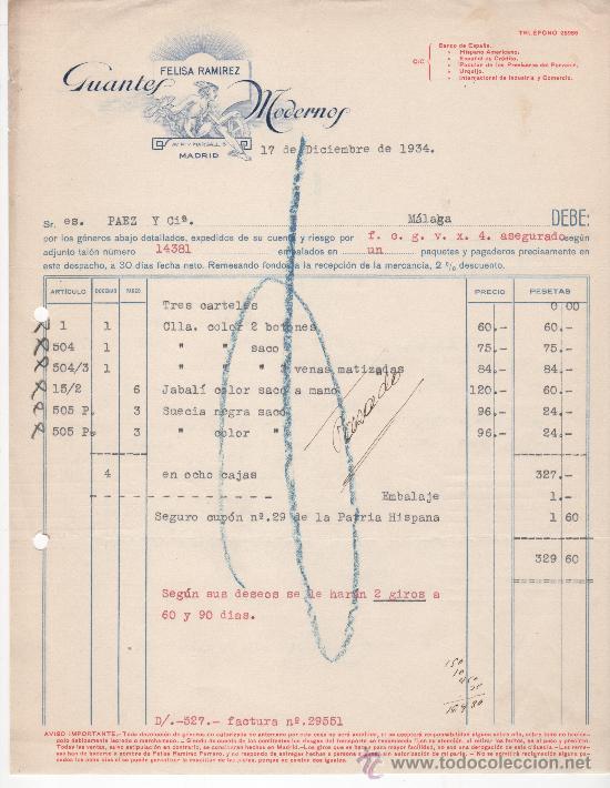 Commercial Letters: Carta comercial, Madrid a&ntilde;o 1934. Guantes Modernos Felisa Ram&iacute;rez