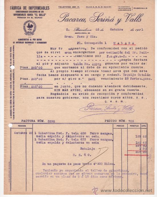 Commercial Letters: Carta comercial, Barcelona a&ntilde;o 1921. Pacareu, Seri&ntilde;&aacute; y Valls, f&aacute;brica impermeables marca El Gallo.