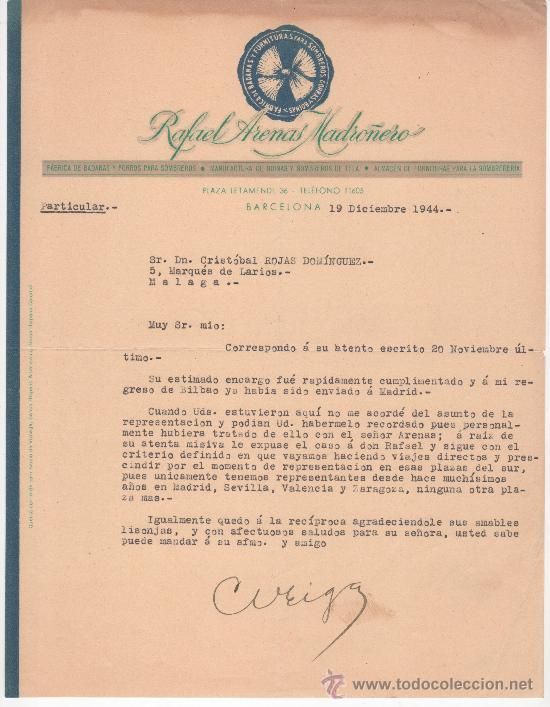 Commercial Letters: Carta comercial, Barcelona a&ntilde;o 1944. Rafael Arenas Madro&ntilde;ero. F&aacute;brica de sombreros.