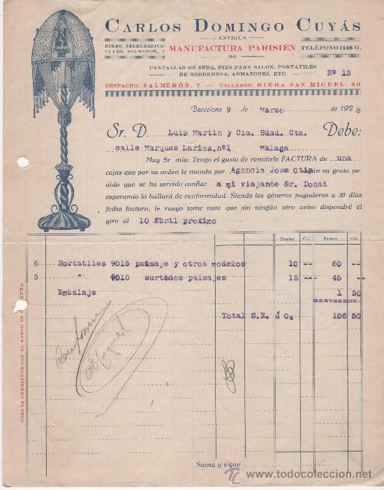 Commercial Letters: Carta comercial, Barcelona a&ntilde;o 1928. Carlos Domingo Cuy&aacute;s, pantallas de seda y pies de sal&oacute;n.
