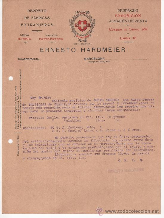 Commercial Letters: Carta comercial, Barcelona a&ntilde;os 30, Ernesto Hardmeier, dep&oacute;sito de f&aacute;brica extranjeras.