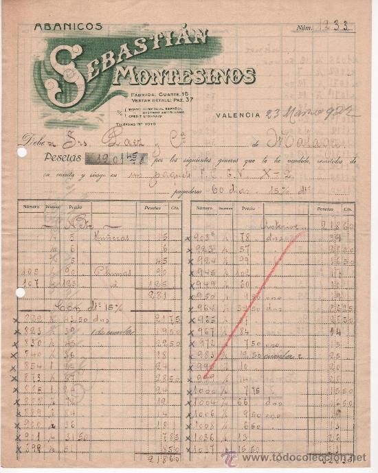 Commercial Letters: Carta comercial, Valencia a&ntilde;o 1922. Abanicos Sebasti&aacute;n Montesinos, f&aacute;brica.