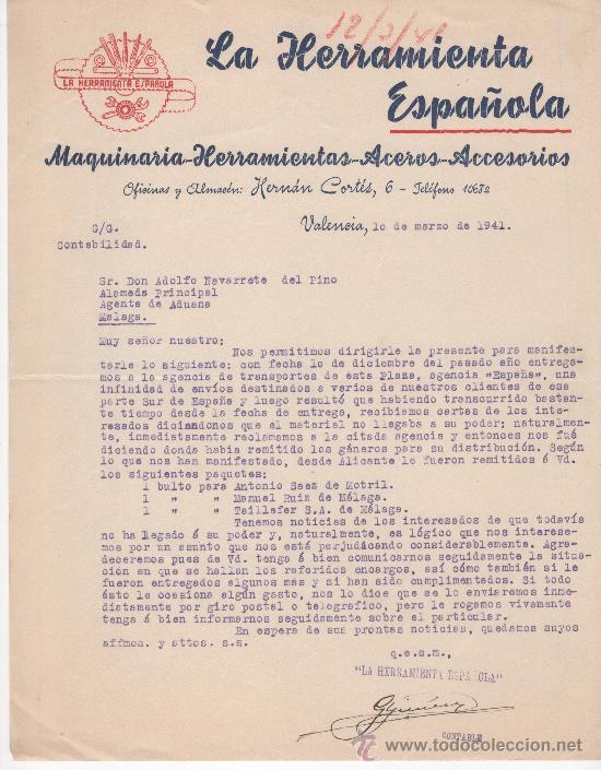 Commercial Letters: Carta comercial, Valencia a&ntilde;o 1941, La Herramienta Espa&ntilde;ola. Herramientas y aceros.