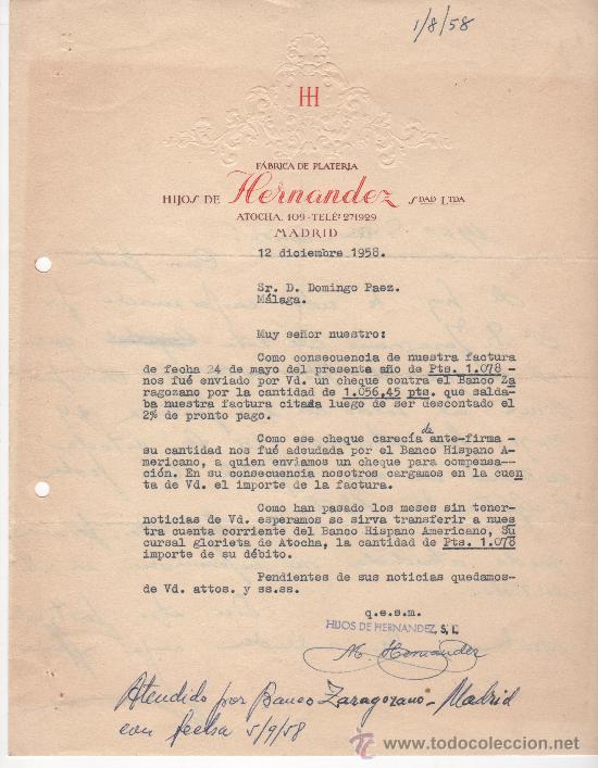 Commercial Letters: Carta comercial, Madrid a&ntilde;o 1958. Plater&iacute;a Hijos de Hern&aacute;ndez. Precioso relieve en carta.
