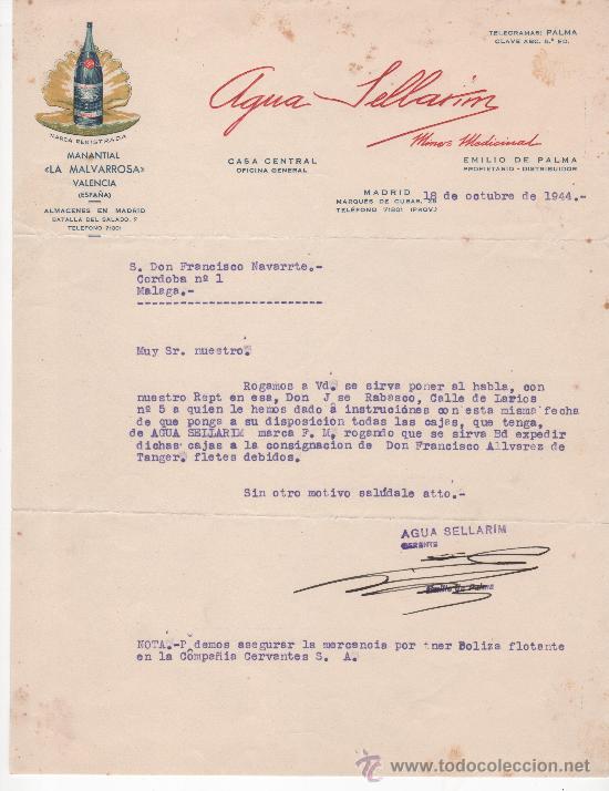 Commercial Letters: Carta de Agua Sellarim, a&ntilde;o 1944, almac&eacute;n de Madrid, del manantial La Malvarrosa de Valencia.