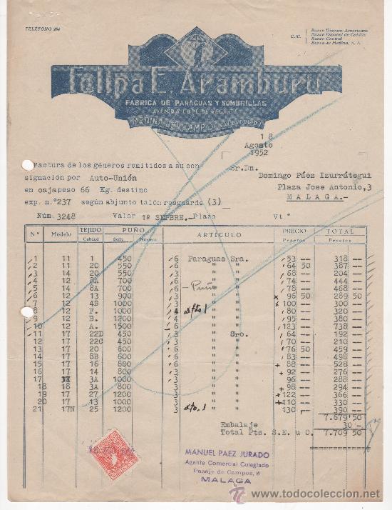 Commercial Letters: Carta comercial, Medina del Campo, Valladilid, a&ntilde;o 1952, Felipa E. Aramburu, paraguas y sombrillas.