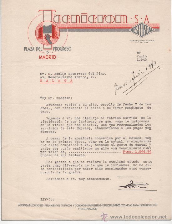 Commercial Letters: Carta comercial, Madrid a&ntilde;o 1940. Tecnicrom, construcci&oacute;n y decoraci&oacute;n, impermeabilizaciones.
