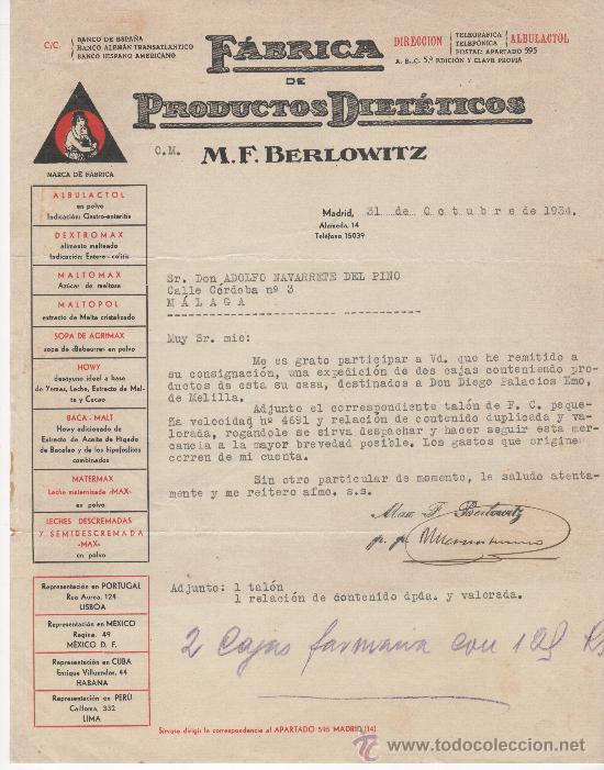 Commercial Letters: Carta comercial, Madrid 1934. F&aacute;brica de productos diet&eacute;ticos M F Berlowitz.