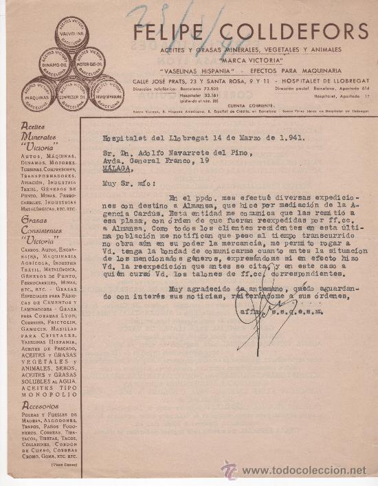 Commercial Letters: Carta comercial,Hospitalet de Llogregat a&ntilde;o 1941.Felipe Colldefors,aceites marca Victoria e Hispania