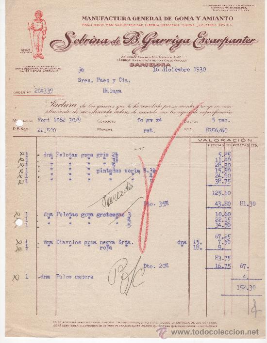 Commercial Letters: Carta comercial, Barcelona a&ntilde;o 1930. Sobrina de B Garriga Escarpanter. Gomas y amiantos.