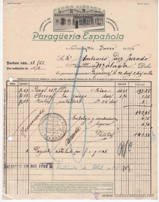 Commercial Letters: Carta comercial, Santander a&ntilde;o 1936. Pedro Albendea, Parag&uuml;er&iacute;a Espa&ntilde;ola, sombrillas y bastones.